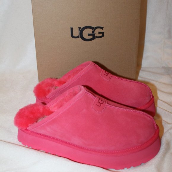 NIB UGG WOMEN'S DISCOQUETTE SUEDE SHEARLING SLIP ON PLATFORM SLIPPERS PINK - Picture 1 of 8